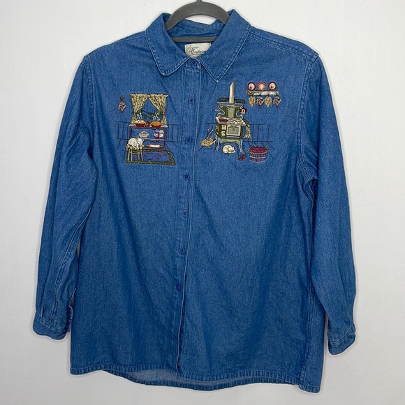 Vintage Tops - Vintage prairie cottagecore cats scenery embroidered denim buttons down shirt